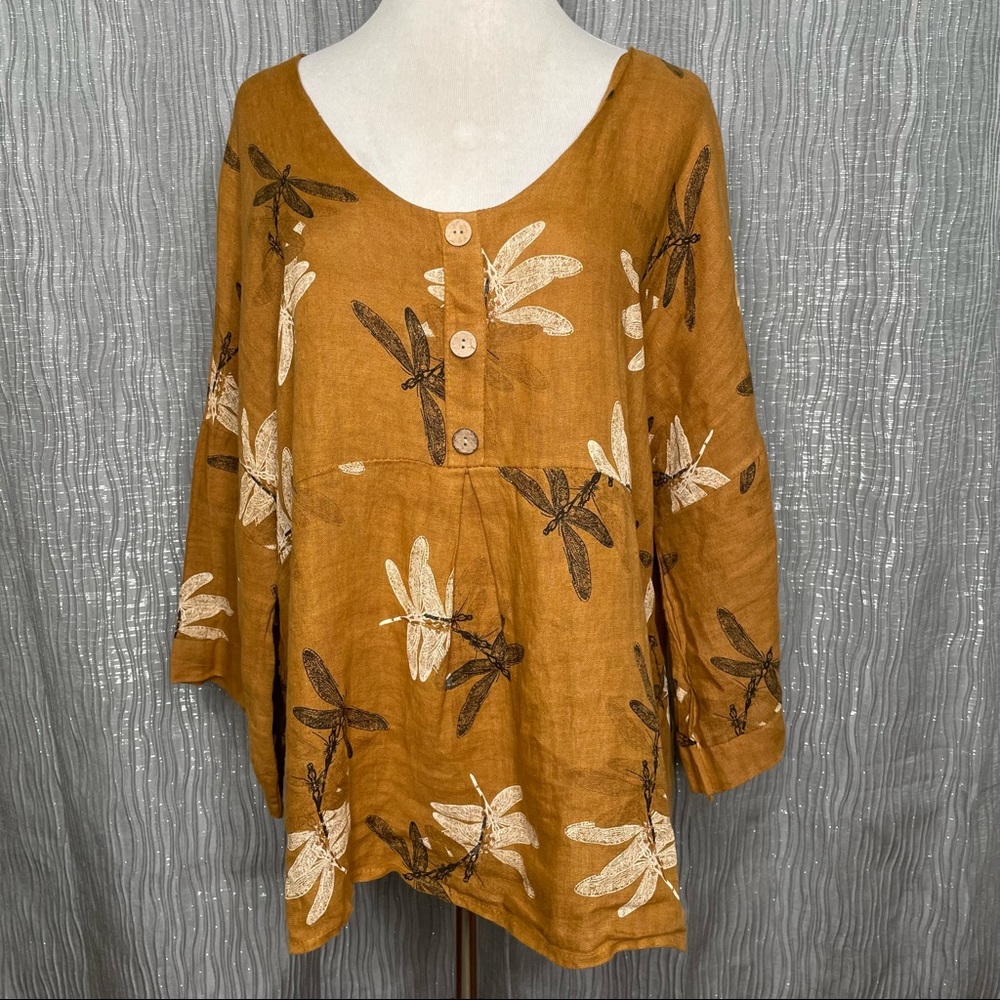 Women's Mustard Dragonfly Print Button-Front Tunic